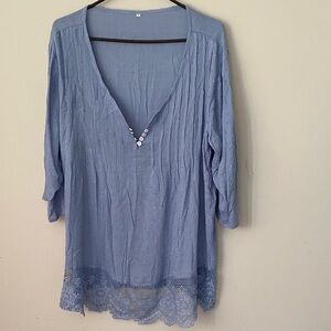 Light Blue V-Neck Blouse with Lace Hem